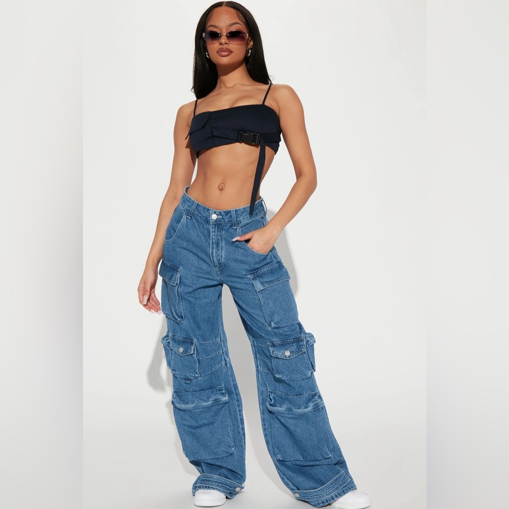 No Boys Allowed High Rise Cargo Jeans - Medium Blue Wash